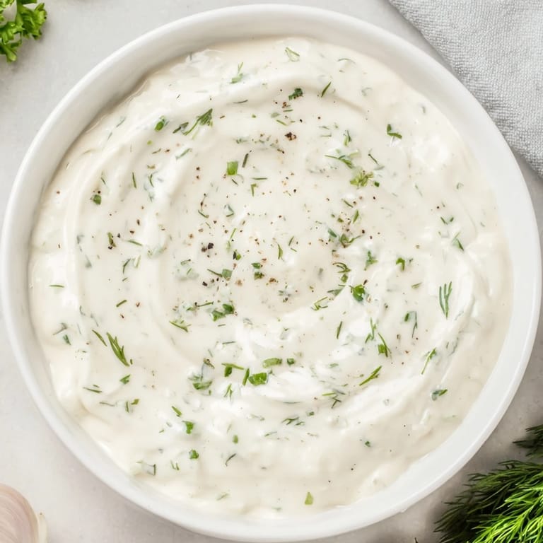 Vibrant image of Greek Yogurt Ranch Dip, a healthy snack option with chopped herbs and lemon.
