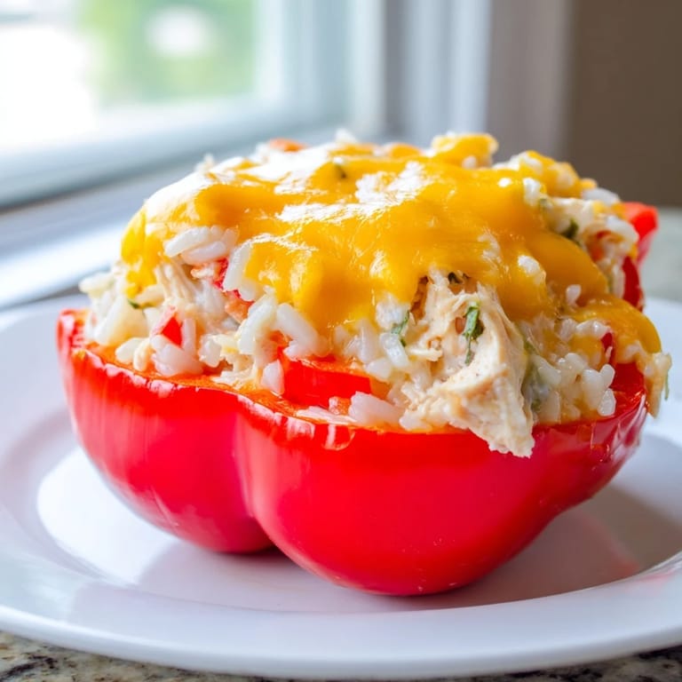 Delicious Cheesy Chicken Stuffed Peppers, filled with chicken, rice, and cheese—perfect family meal.