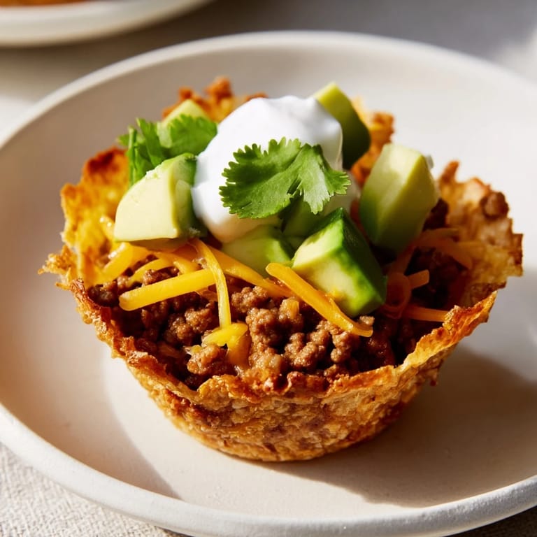Delicious, baked mini taco cups with perfectly crisp tortilla shells and savory fillings.
