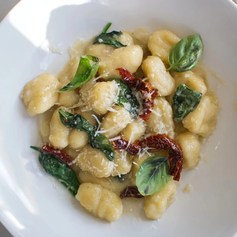 Golden, bubbly Creamy Tuscan Gnocchi glistening, ready to serve and topped with fresh basil for a delicious meal.