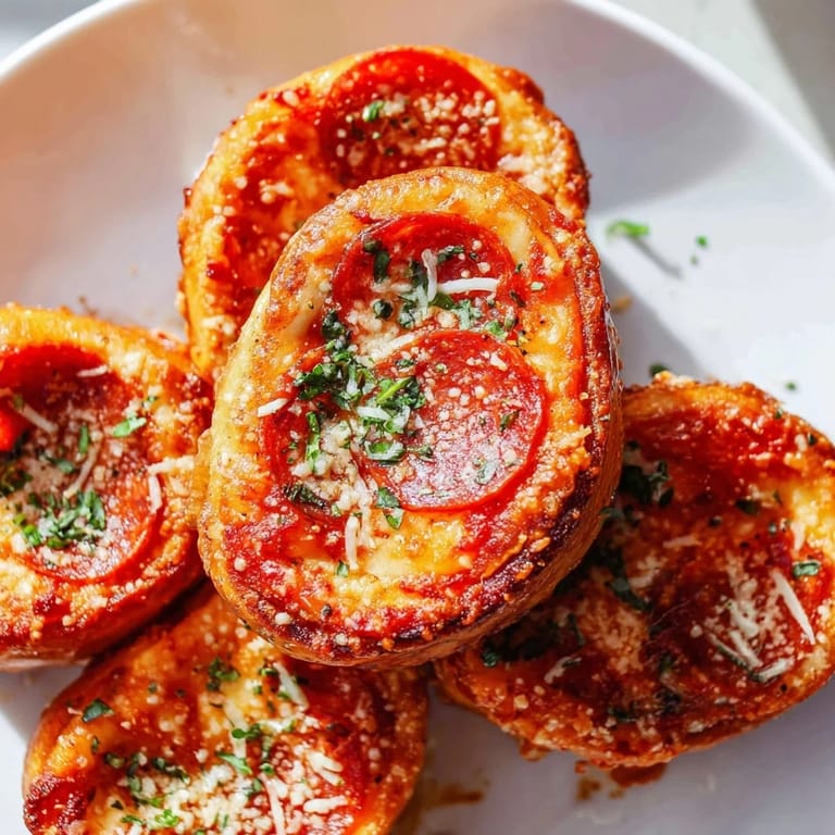 Close-up of freshly air fried pizza rolls, showing melted cheese inside these perfectly cooked snacks.