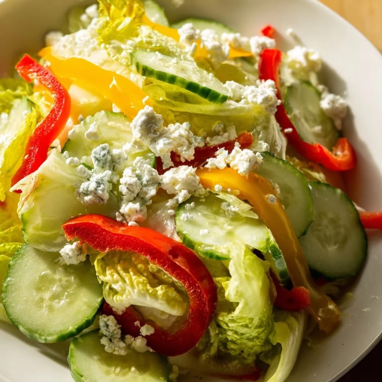 Freshly tossed Bella Hadid Salad features colorful bell peppers and crumbled feta, ready to serve with a light lunch.