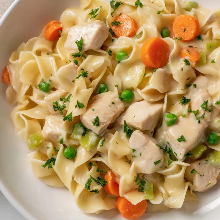 A bowl of hearty Creamy Chicken and Egg Noodles, garnished with fresh parsley, ready to enjoy.