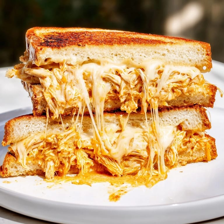 A close-up shot of a bubbling Chili Crisp Honey Chicken Grilled Cheese, perfectly grilled and delicious.