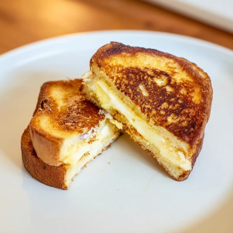 A beautiful shot showcases the satisfying, cheesy pull of Custard French Toast Grilled Cheese.