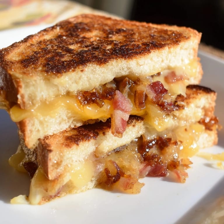A delicious Bacon Jam Grilled Cheese awaits, with crispy bacon peaking from the cheesy layers.