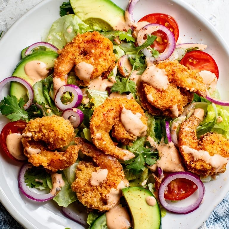 A tempting overhead view shows a Spicy Crispy Shrimp Salad drizzled with creamy lime dressing.