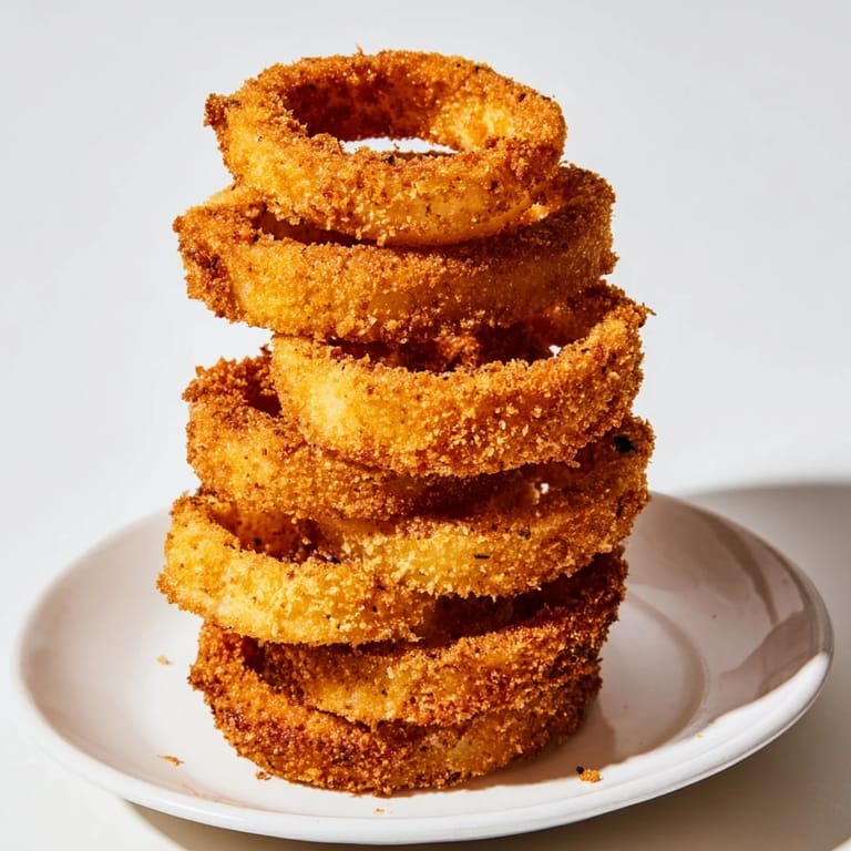 See a towering pile of crispy onion rings: battered and fried for a perfect crunch.