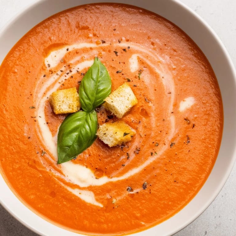 Enjoy a spoonful of flavorful creamy roasted garlic tomato soup, ready in just over an hour.