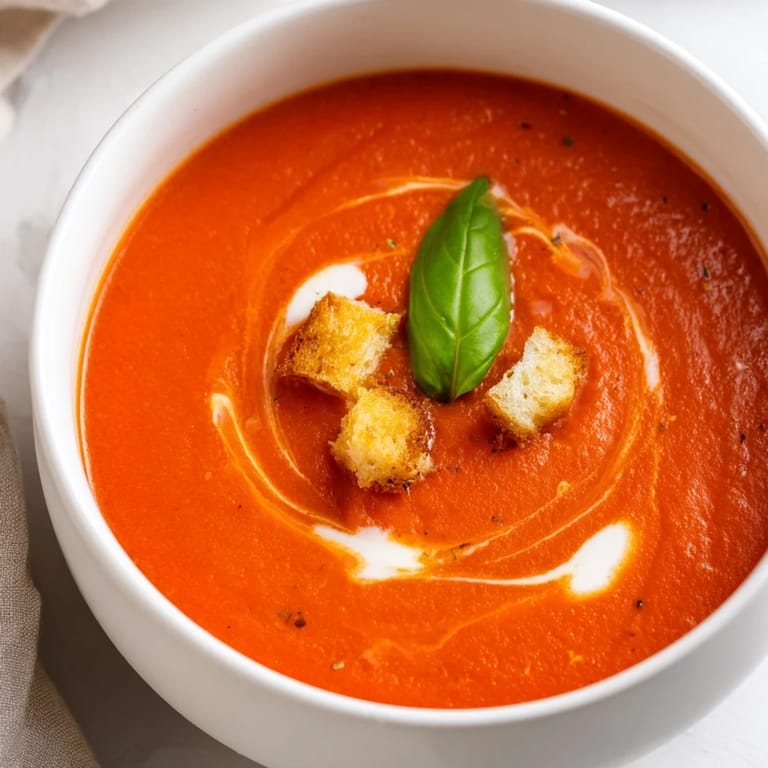 A bowl of warm, creamy roasted garlic tomato soup, perfect for a cozy, comforting meal.