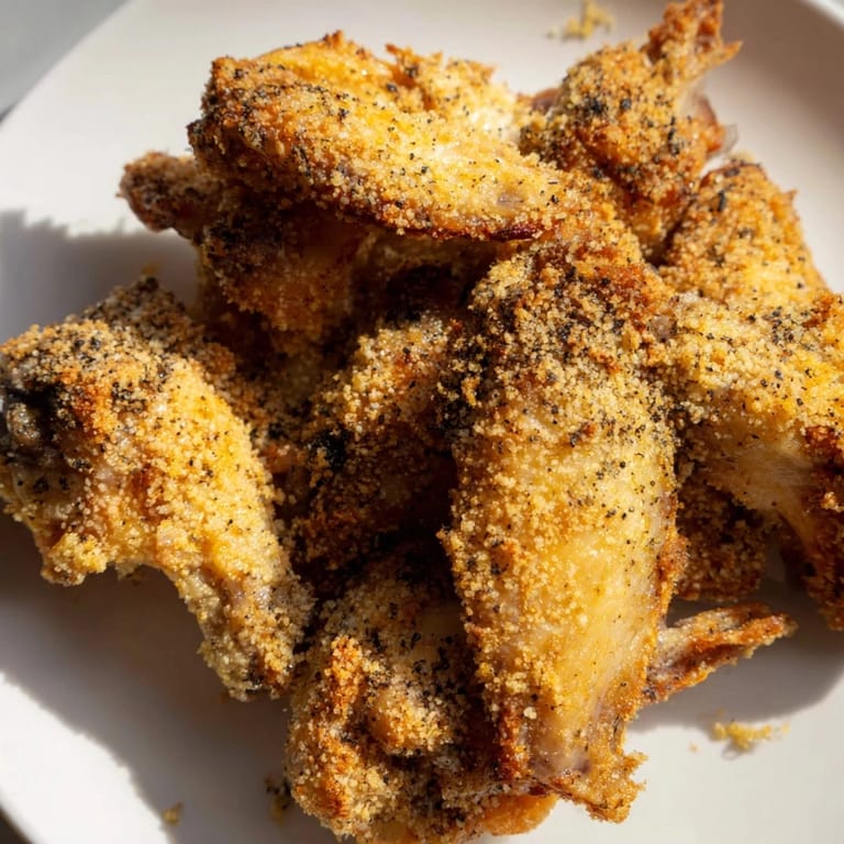 Close-up of freshly baked Parmesan Chicken Wings, coated in a flavorful, herb-infused crust.
