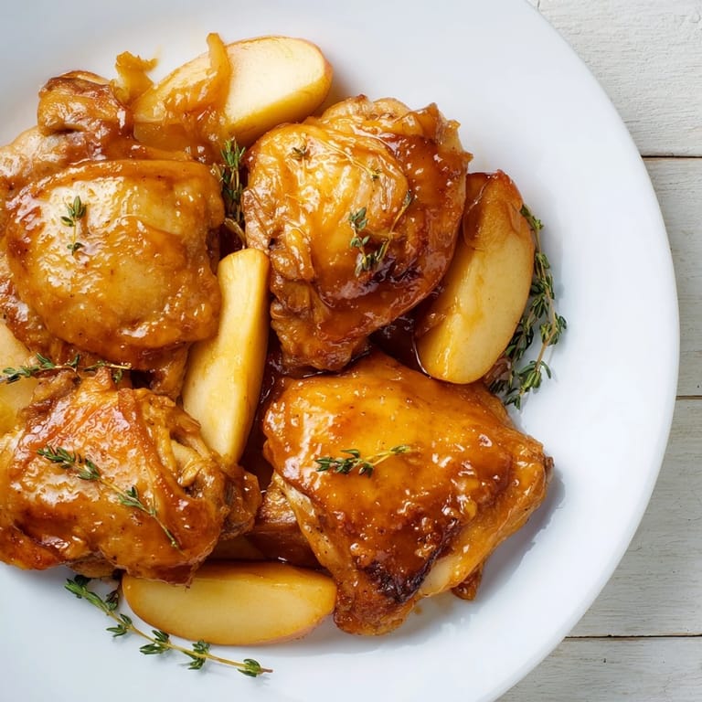 A close-up of a baking dish reveals oven-baked Sticky Maple Apple Chicken with a rich, caramelized sauce.