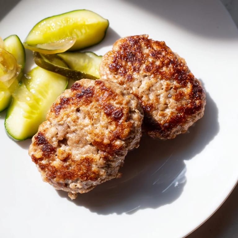 Oval-shaped Danish Frikadeller, pan-fried to perfection, are showcased with a side of briny pickles.