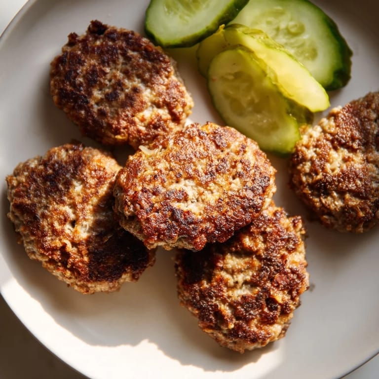 Close-up of savory Danish pork frikadeller served next to tangy pickles, a comforting, traditional meal.