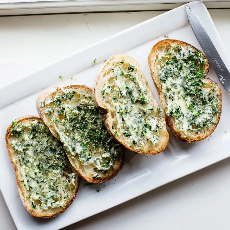 Crisp artisan Herb Butter Toast is garnished with fresh parsley and flaky salt, served as an easy vegetarian snack or appetizer.