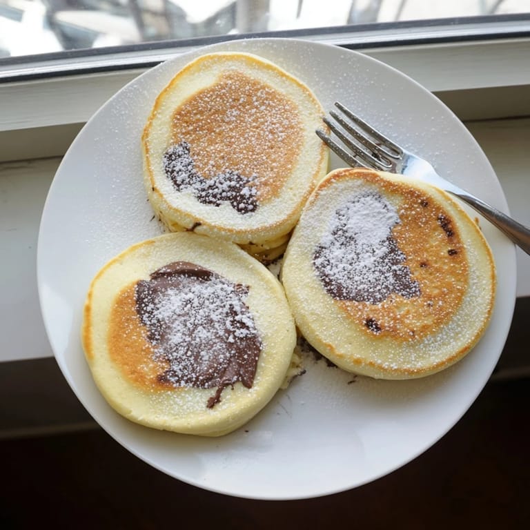 Stack of Nutella Stuffed Pancakes on a white plate, gooey chocolate-hazelnut center oozing out under a golden crust.