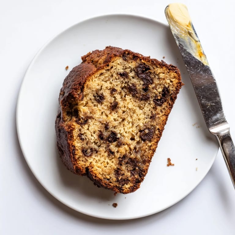 Perfectly sliced moist banana bread with chocolate chips drizzled with honey, ideal for an easy breakfast treat.