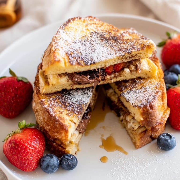 Stacked slices of Nutella Brioche French toast served with fresh strawberries on a bright brunch table.