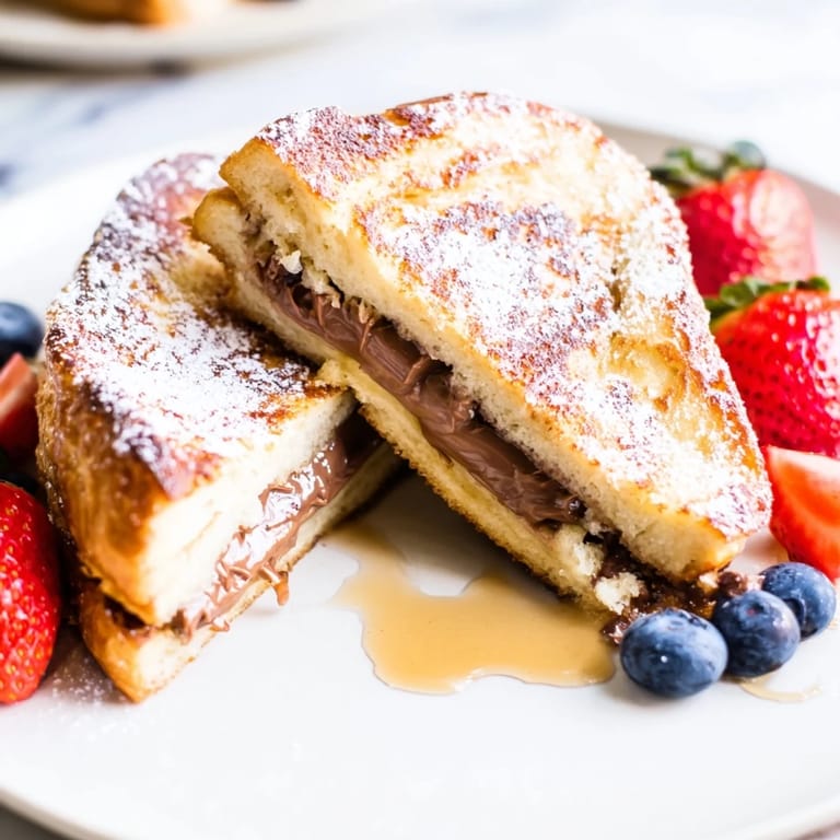 A close-up of Nutella Brioche French toast with melted chocolate spread and a drizzle of maple syrup.  