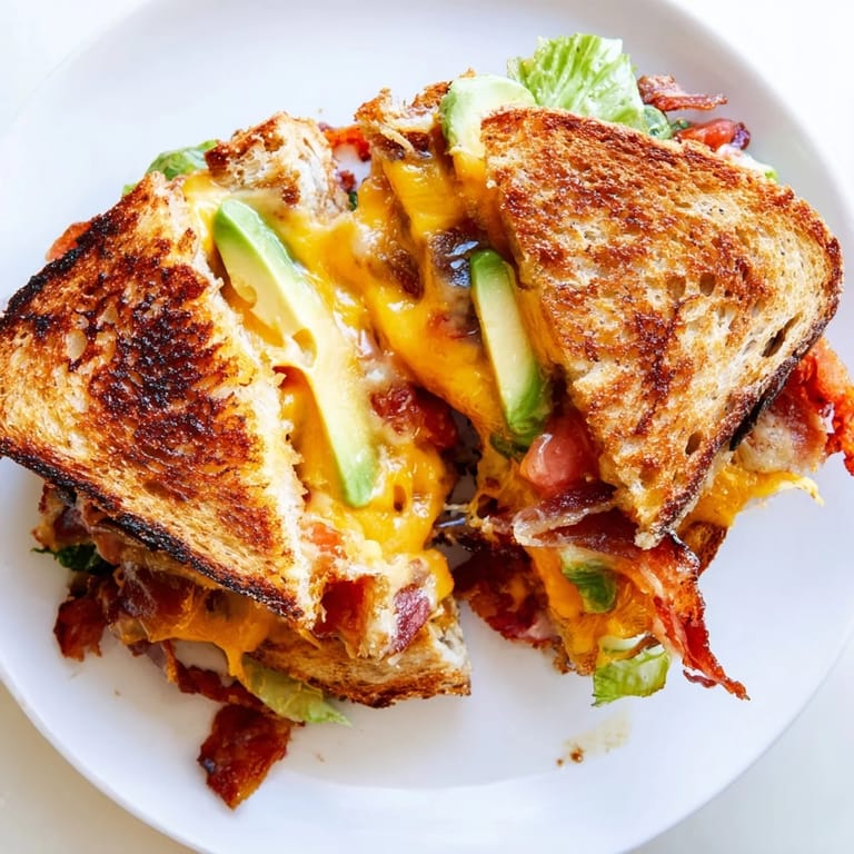 Close-up view of a warm Avocado BLT Grilled Cheese, with melted cheese oozing between sourdough layers, bacon, and fresh avocado slices.