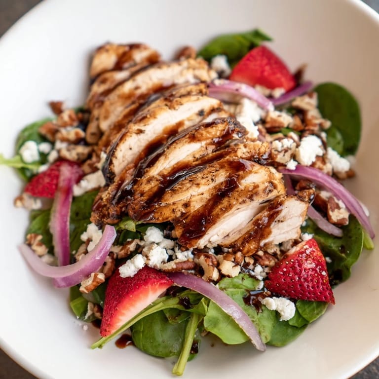 Healthy Honey Balsamic Chicken Salad served on a plate, featuring tender grilled chicken, sliced strawberries, and toasted pecans.