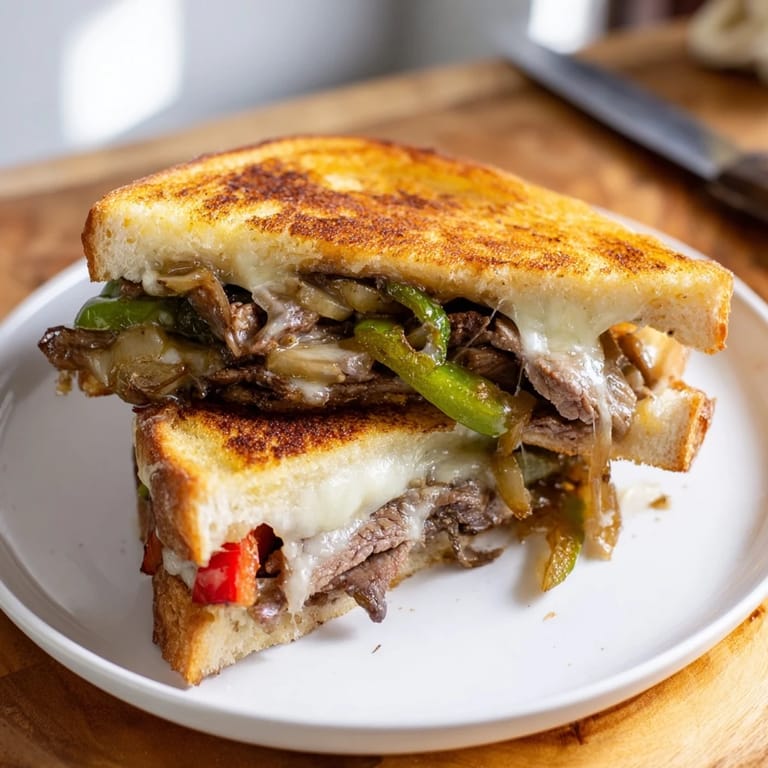 A close-up of the Philly Cheesesteak Grilled Cheese, cut diagonally to reveal layers of savory meat, colorful peppers, and melty cheese.