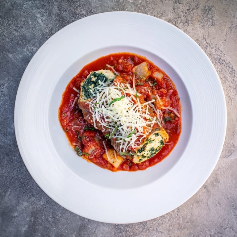 Tender stuffed chicken served over pasta, garnished with fresh basil and grated Parmesan cheese.