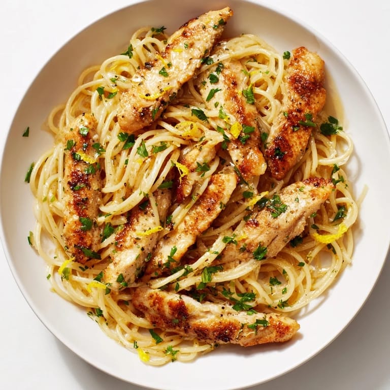 Spaghetti noodles twirled with tender chicken, brown butter sauce, and grated Parmesan, served in a rustic ceramic bowl.