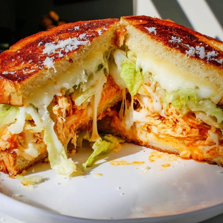 Buffalo Chicken Caesar Grilled Cheese cut in half, revealing layers of spicy buffalo chicken, melty provolone, and romaine.