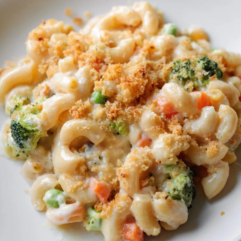 Garden Veg Mac and Cheese is served steaming hot, with tender peas, broccoli, and carrots peeking through the creamy, velvety sauce in a casserole dish.