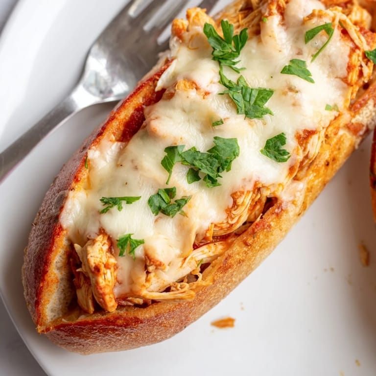 Tender shredded chicken in a robust marinara sauce is baked inside a garlic-buttered bread boat.