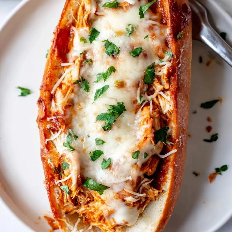 A close-up view shows the bubbly, golden cheese topping on this Italian-American main dish.