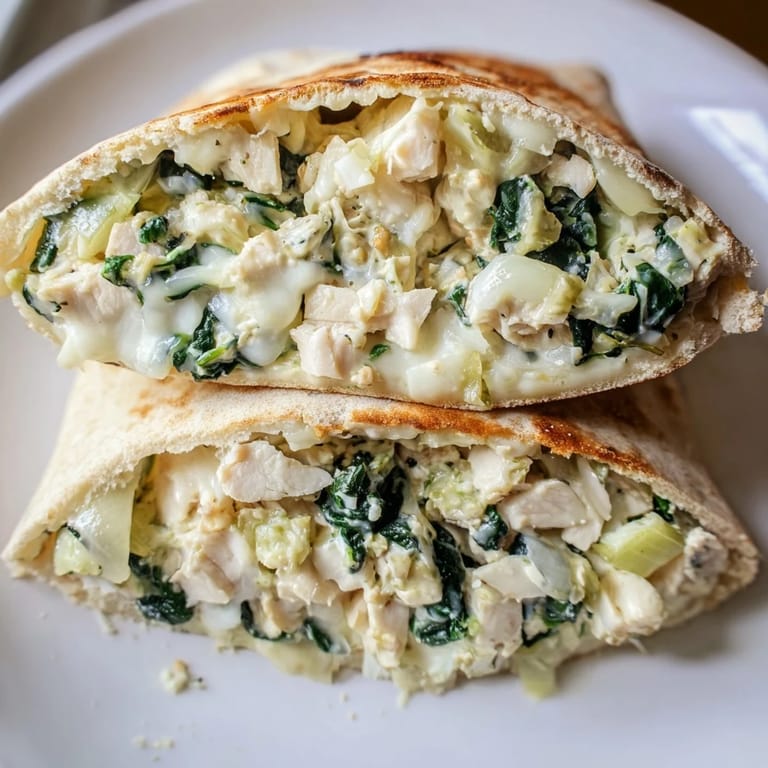 Freshly baked Spinach Artichoke Chicken Stuffed Pita with a creamy, cheesy filling and a side of zesty lemon wedges for a refreshing Mediterranean-American lunch.