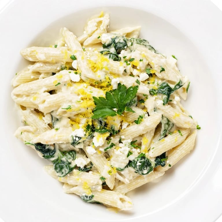 A close-up of Creamy Feta Spinach Pasta shows al dente penne coated in tangy feta cream, topped with lemon zest and herbs.  