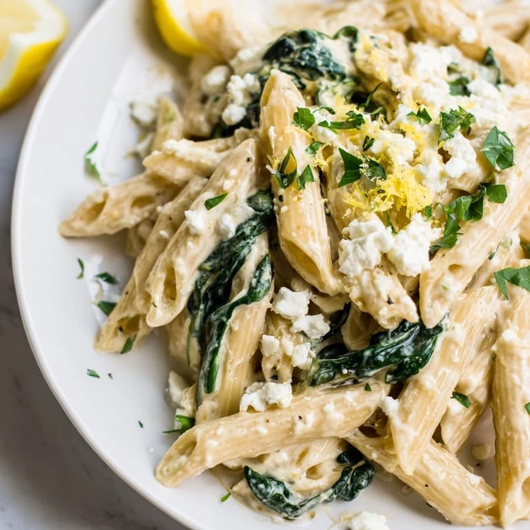 Serve Creamy Feta Spinach Pasta family-style from a white bowl, garnished with fresh basil and a sprinkle of chili flakes for heat.