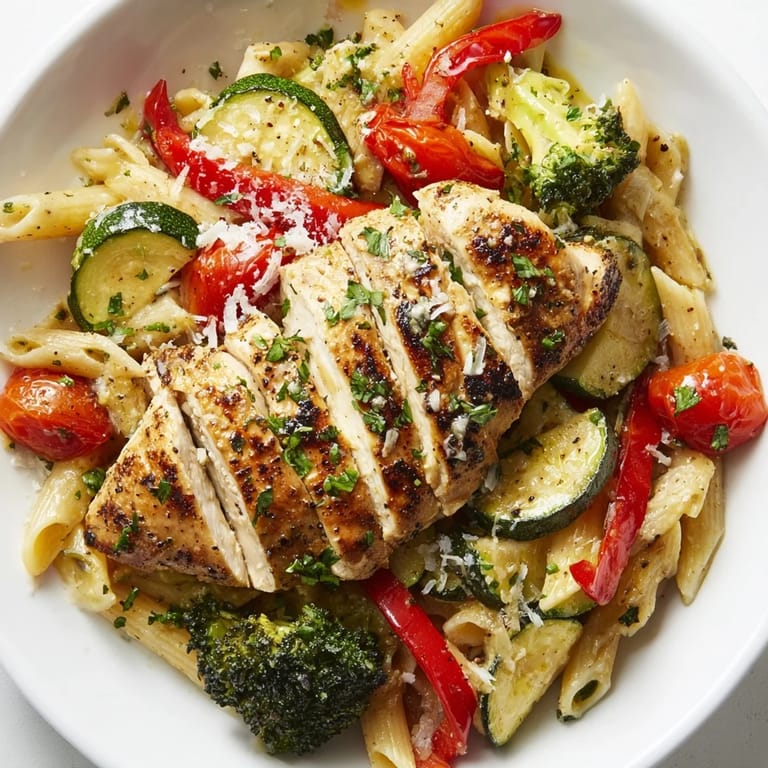 A close-up of savory Garlic Herb Chicken & Veg Pasta served warm, garnished with fresh parsley and Parmesan.