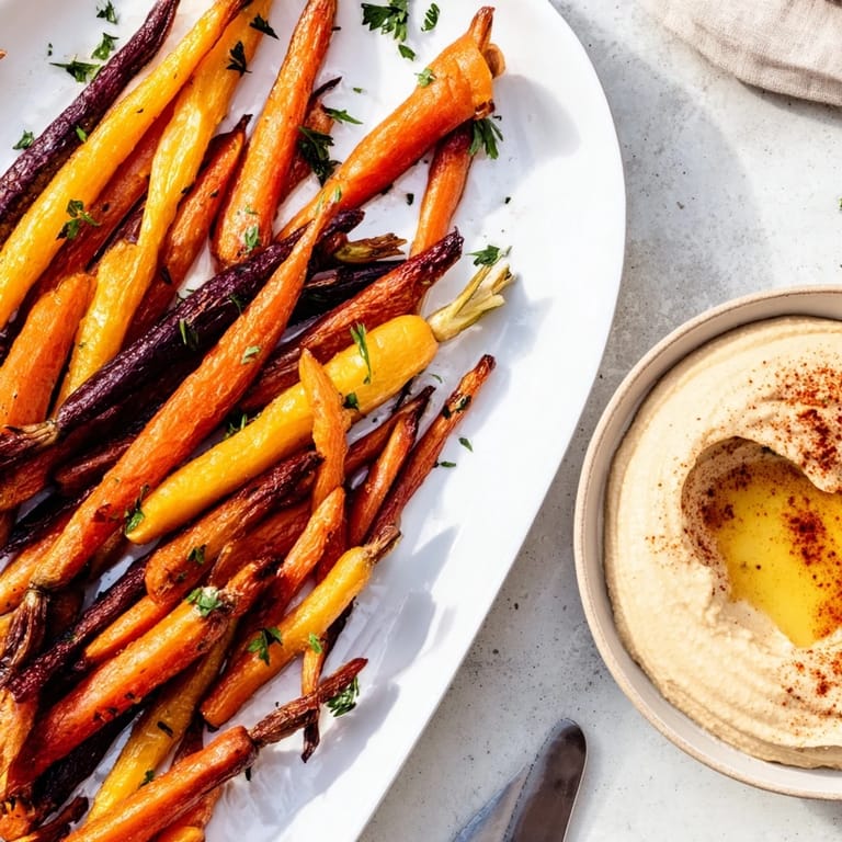 Vibrant oven roasted rainbow carrots paired with creamy hummus on a colorful serving platter.
