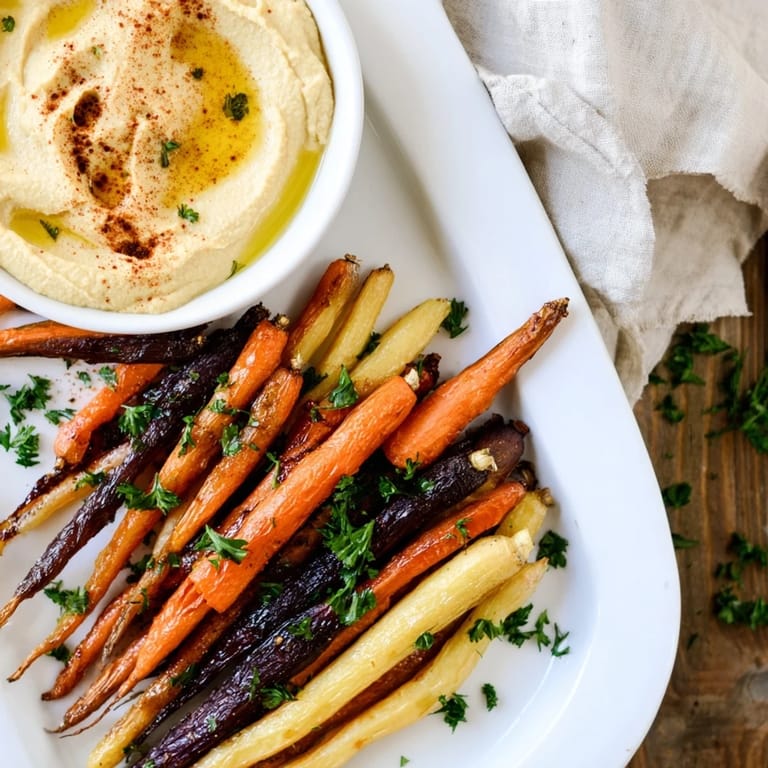 Caramelized rainbow carrots on a platter with tahini hummus garnished with paprika for sharing.
