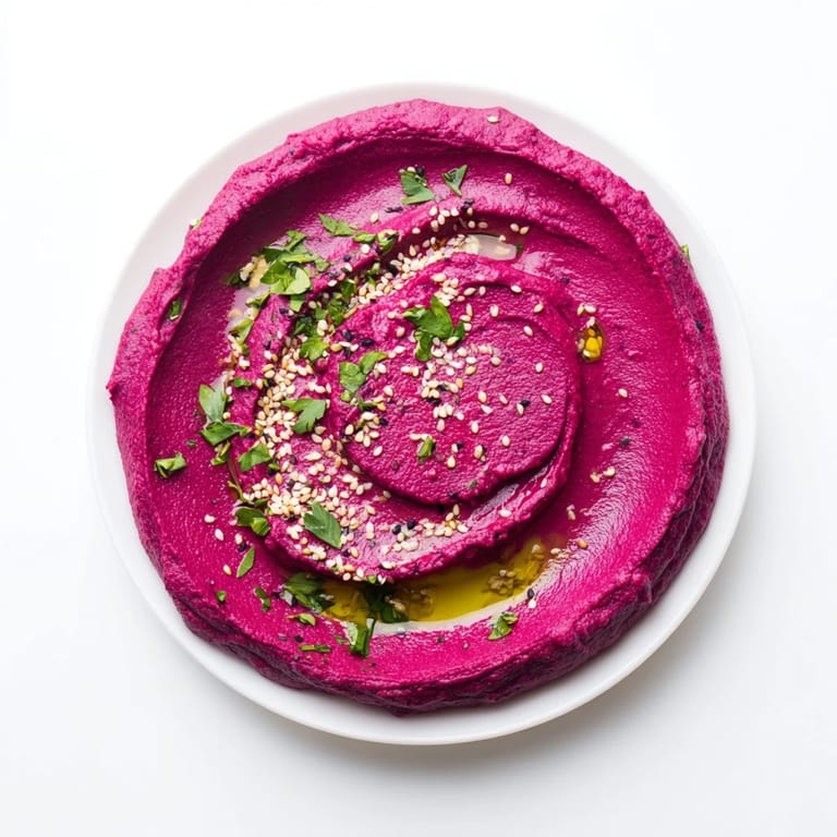 Vibrant pink Roasted Beet Hummus spread on toasted bread, topped with sesame seeds and a lemon wedge.  