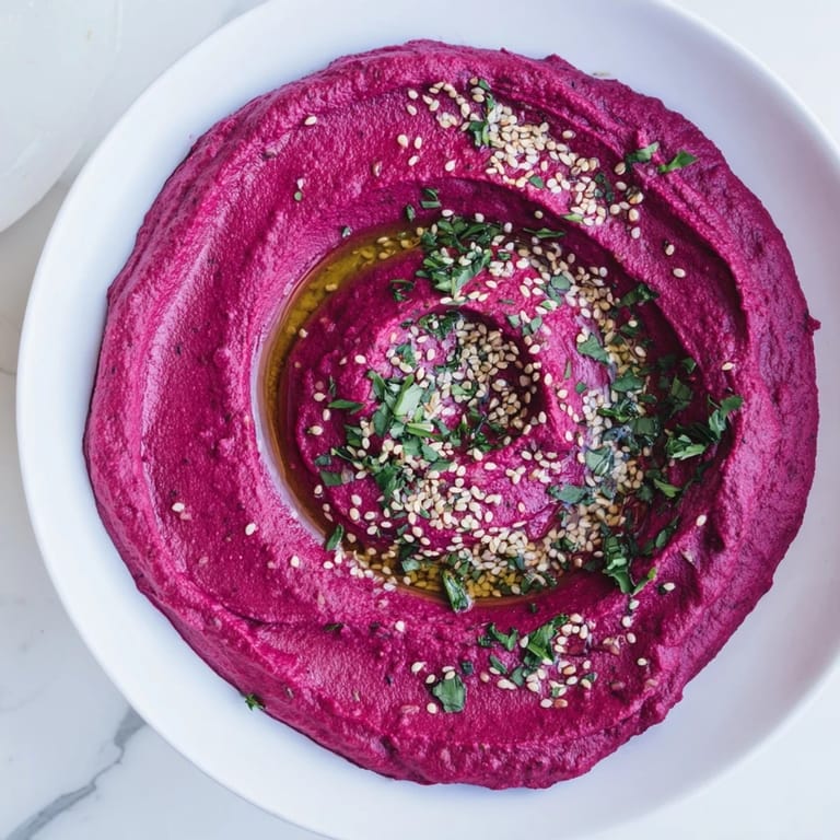 A scoop of homemade Roasted Beet Hummus with carrot sticks and cucumber slices on a wooden board.