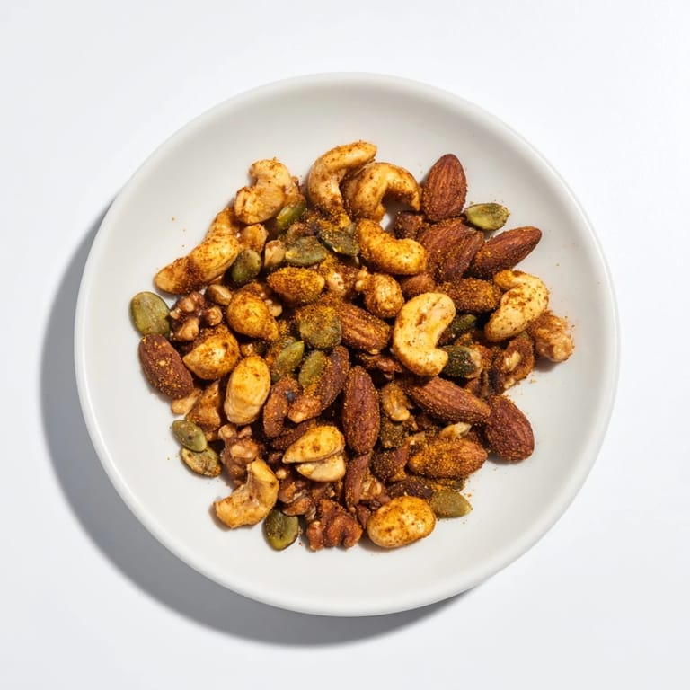 Hearty bowl of spiced nuts and seeds mix with pumpkin and sunflower kernels, glistening with maple glaze and aromatic spices.