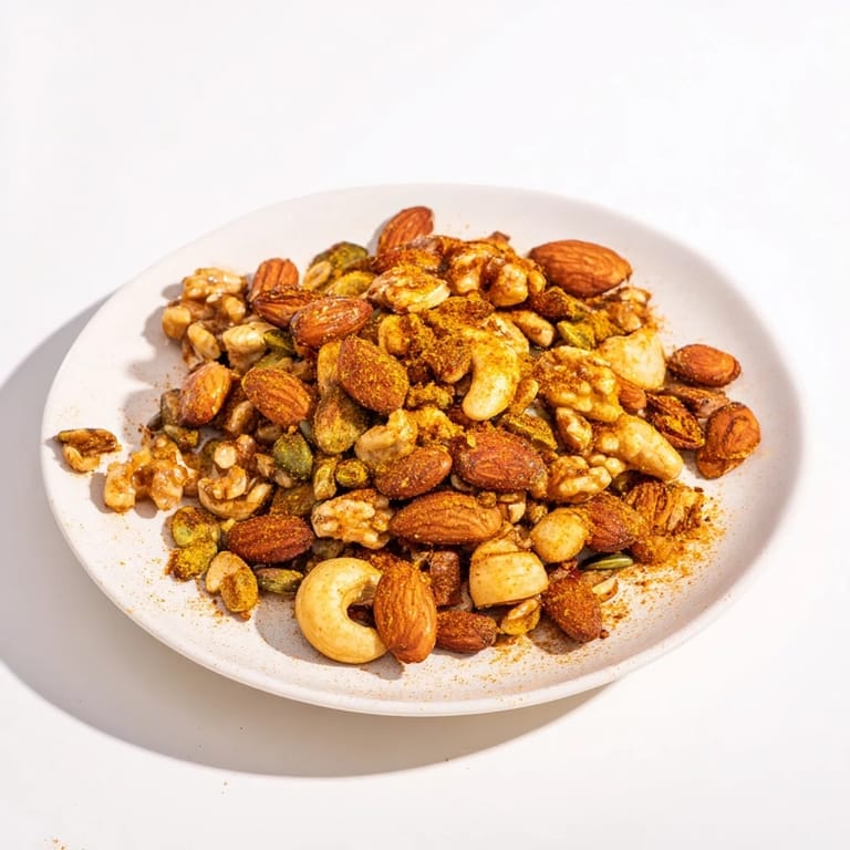 Savory roasted nut mix with a hint of cayenne heat, perfect for snacking or adding crunch to a fresh garden salad.