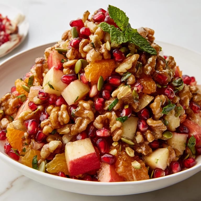 A refreshing bowl of pomegranate and walnut salad, featuring juicy orange segments and a light honey-lemon dressing.
