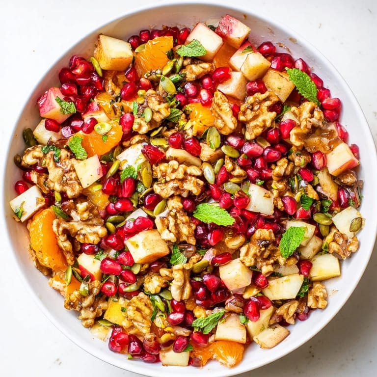 Winter-inspired pomegranate and walnut salad with diced pear, crunchy pumpkin seeds, and fresh mint leaves garnish.