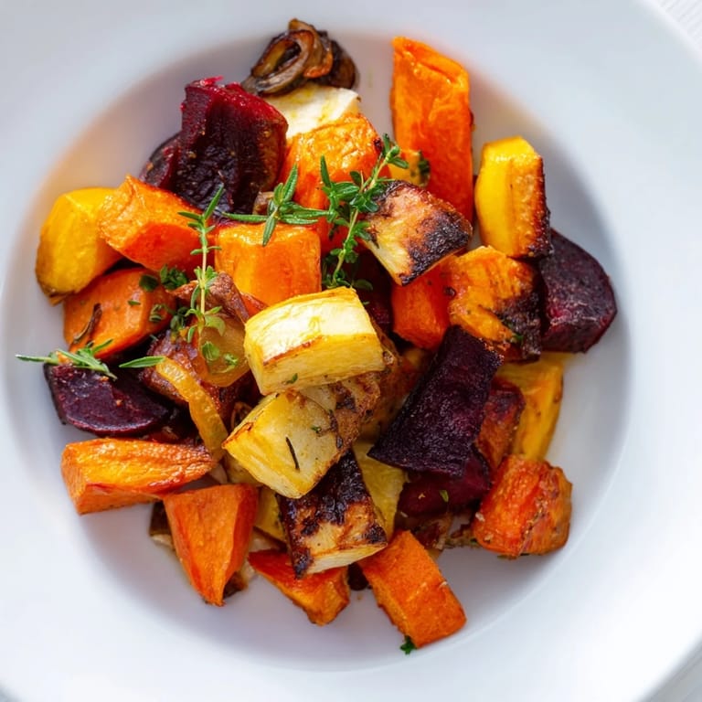 Golden roasted root vegetable medley tossed in olive oil with herbs, presented in a white ceramic bowl and garnished with fresh parsley.