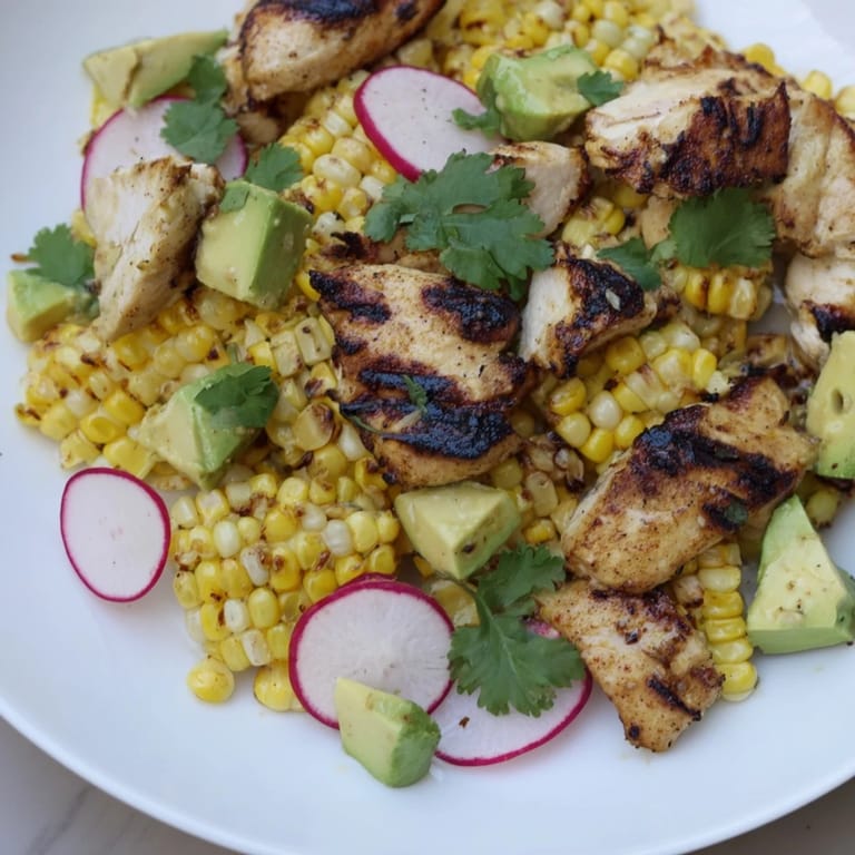 Serving suggestion for Roasted Corn & Chicken Chopped Salad featuring diced avocado, cherry tomatoes, and a zesty lime dressing drizzled over fresh greens.  
