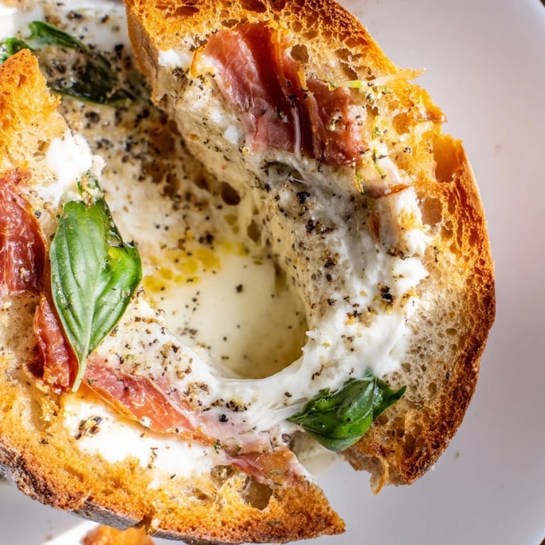 This Crispy Prosciutto & Burrata Grilled Cheese shows melted burrata peeking out from crisp prosciutto between golden, buttery sourdough, perfect with fresh basil and a glass of white wine.