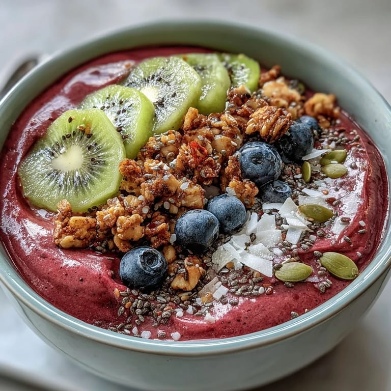 Thick, creamy Beet and Berry Smoothie Bowl topped with berries, kiwi, and granola.