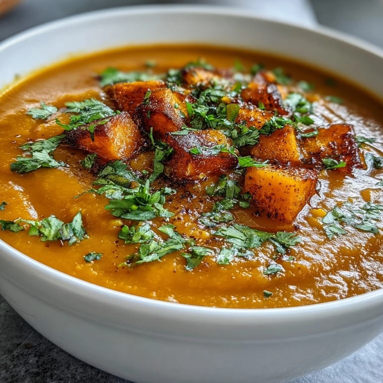Vibrant orange Butternut Squash and Lentil Soup served alongside warm naan bread for a cozy lunch.