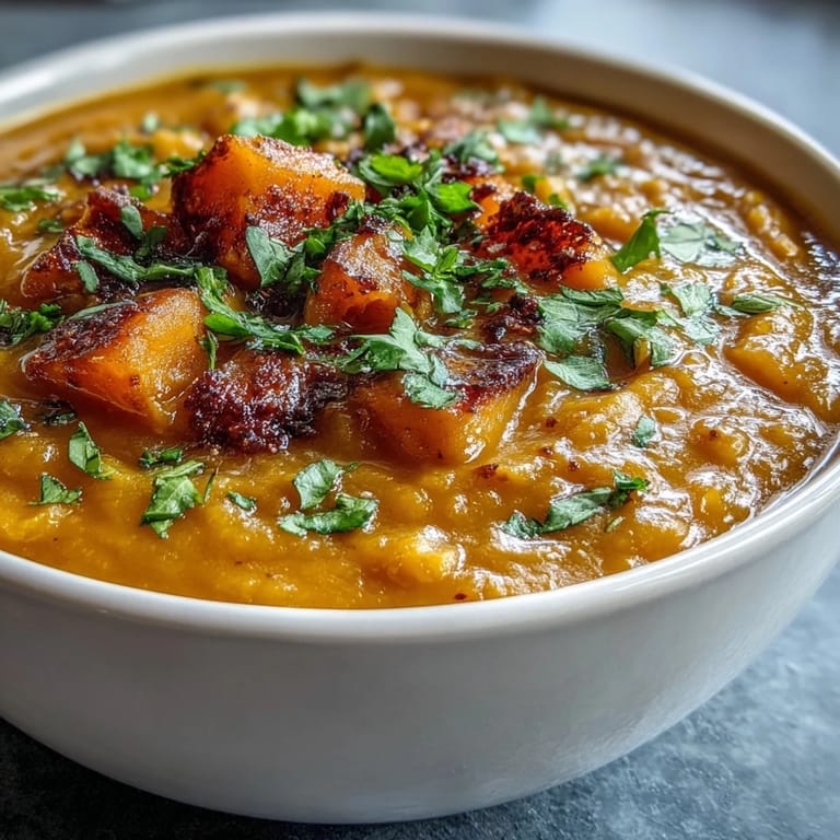 Smooth, creamy Butternut Squash and Lentil Soup blended with aromatic spices and finished with a lemon wedge.
